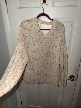aerie Cream Speckled Crewneck Sweater-OPEN IN BACK